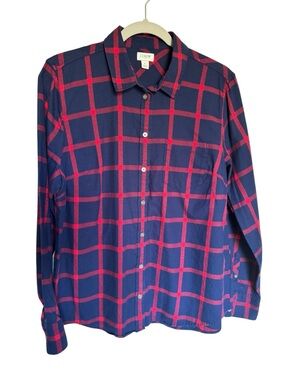 J.Crew Women’s Navy Red Plaid Button Down Shirt Size Large Classic Preppy Casual